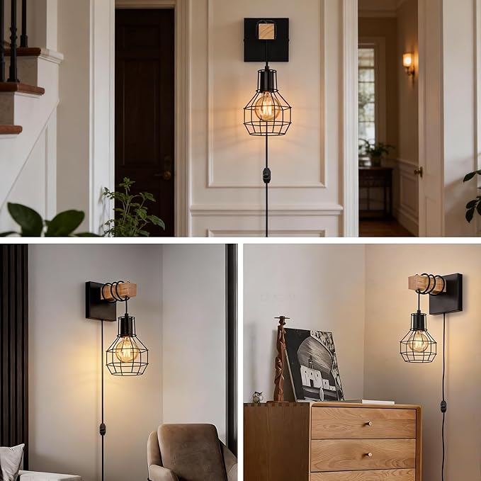 Lightess Plug in Wall Sconces Set of 2, Industrial Wall Mount Light Fixture with ON/Off Dimmable Switch Cord, Black Rustic Wall Lighting for Bedroom Living Room, Bulb Not Included