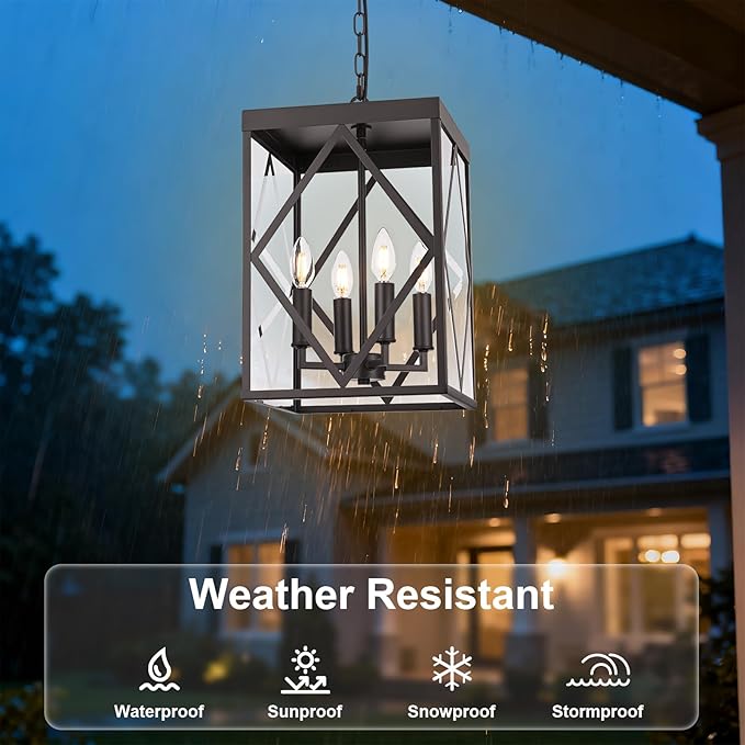 15.7'' Outdoor Pendant Lighting Fixtures 4-Light Outdoor Chandelier Oil Rubbed Bronze Exterior Hanging Porch Light Fixtures w/Glass Shade Outside Pendant Lantern for Front Porch Balcony Foyer