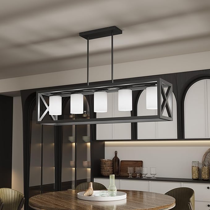 Espird Black White Dining Room Light Fixture - 5 Light Rectangle Light Fixtures with Milk White Glass Shade & Adjustable Height & Thickened Metal Dining Table Lights Fixture Chandeliers for DiningRoom