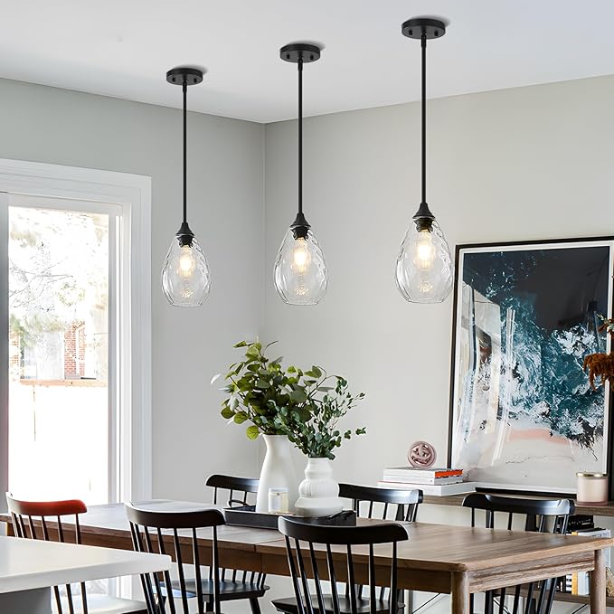 Glass Pendant Lights Kitchen Island, 1-Light Modern Black Pendant Light Fixtures with Hammered Glass and Rods, Small Hanging Light for Kitchen Sink Dining Room Bathroom