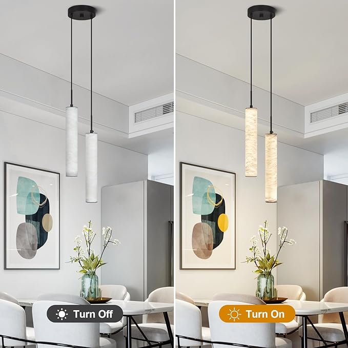 LMQNINE Natural Alabaster Pendant Lights for Kitchen Island White Marble Long Tube Chandelier 4000K Modern Black Ceiling Light Fixtures for Bedroom Dining Room Table Living Room Hallway(M-2Light)