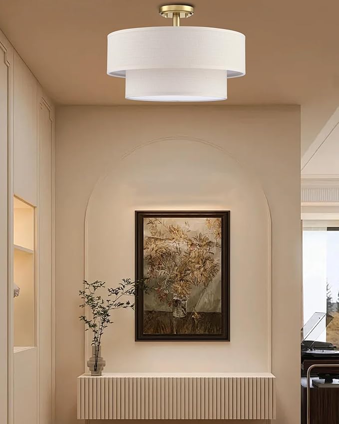 4 Light Semi Flush Mount Close to Ceiling Light Fixture,Cream Linen Fabric Shade Brushed Bronze Finish 20 inch for Bedroom,Living Room,Dining Room Hallway