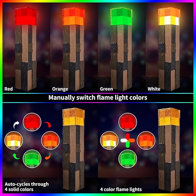 AIDYVOI Light-Up Wall Torch Lamp, 4-Color Flame Modes, Rechargeable Handheld & Wall-Mountable Decor Light, Flame Night Light for Costume Cosplay & Room Decor, Perfect for Boys Aged 6-8