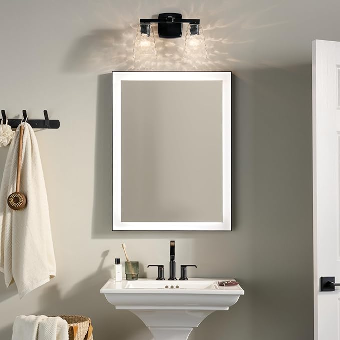 Kichler Marant 2-Light Bathroom Vanity Light Fixture with Clear Water Glass in Black, Modern Wall Mount Light for Powder Room Over Mirror (14.25 x 9.5 in), 55215BKWTR