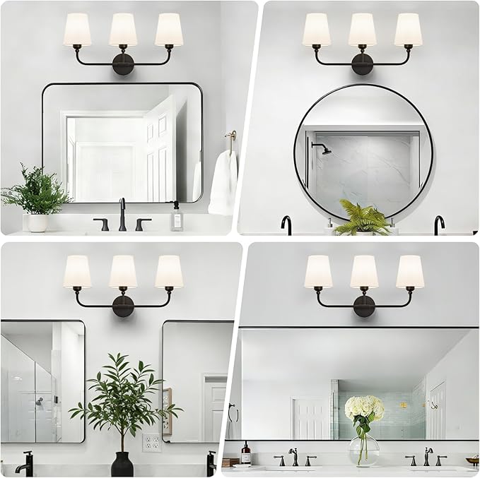 Bathroom Vanity Light, Matte Black Bathroom Light Fixtures, 3-Light Lighting Fixtures Over Mirror, Modern Wall Sconce with Flared White Fabric Shade, E26 Socket(ETL Listed)