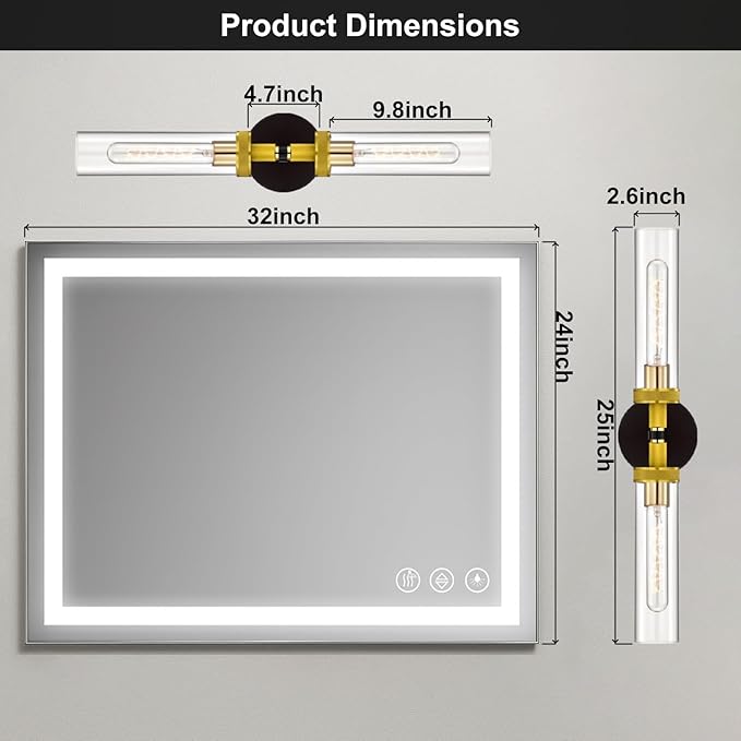 LaLuLa 2-Pack Black and Gold Bathroom Vanity Light Fixtures – Modern 2-Light Wall Sconces with Knurled Texture and Clear Glass Shades, Bathroom Lighting Fixtures Over Mirror, 25 Inch