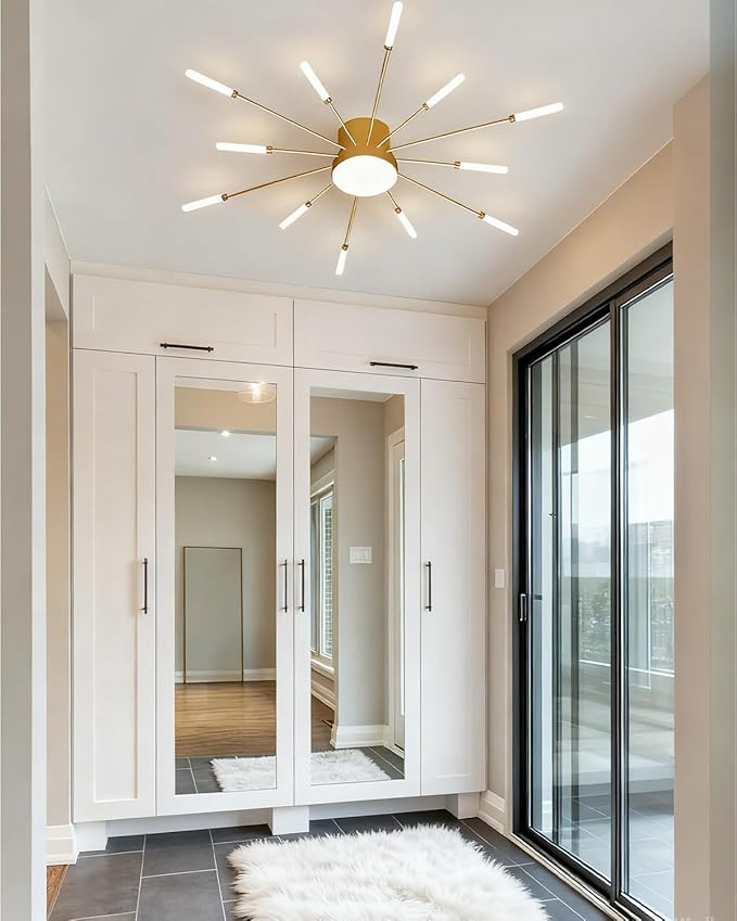 32 Inch LED Ceiling Light Fixture12+1 Lights Modern Flower Flush Mount Ceiling Light 4000K Gold Metal Firework Chandelier for Living Room Dining Room 24W Cascading Ceiling Lamps