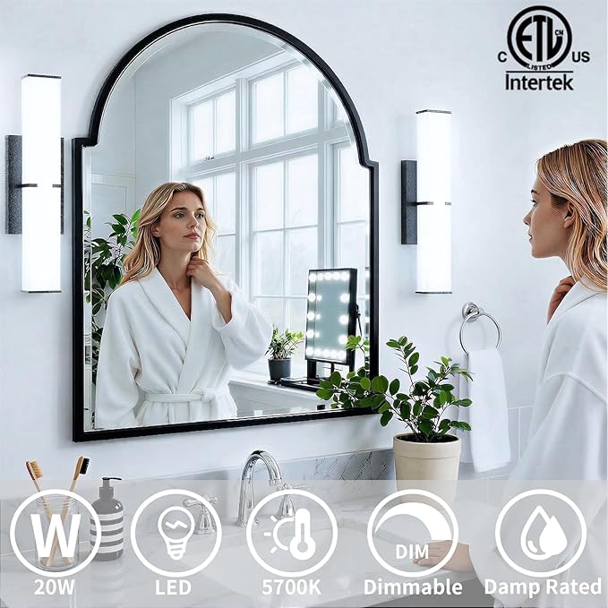 Bathroom Lighting Fixtures Over Mirror: ETL Certified 24 Inch Black Modern LED Vanity Lights 5000K Cool White IP44 - Dimmable Vanity Light Bar 2500LM with Clear Shade - Bathroom Light Fixtures