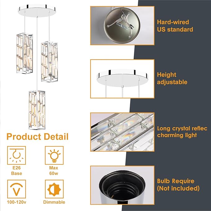 3-Light Chrome Pendant Lights Modern Pendant Light Fixture, Mini Crystal Pendant Ceiling Light, Pendant Light for Kitchen Island, Dinning Room, Bedroom, Kitchen Sink Lighting (3 Lights)