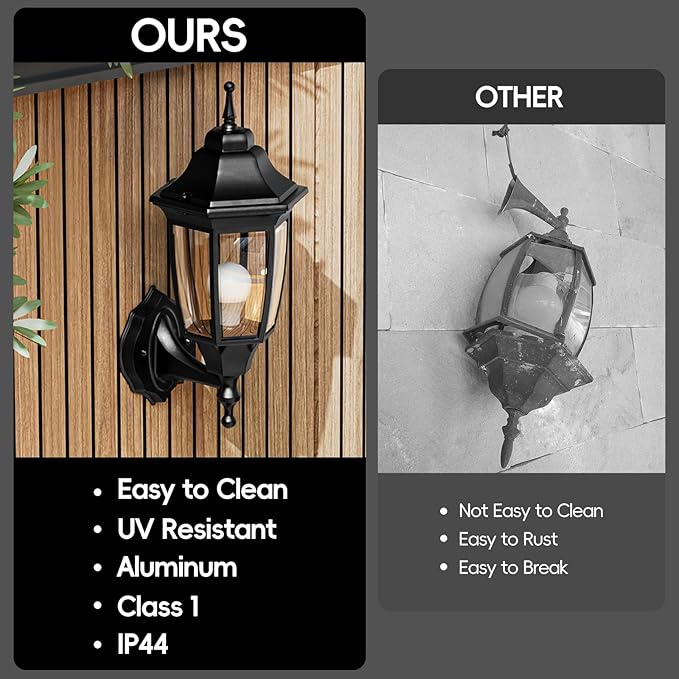 EMART Dusk to Dawn Outdoor Porch Light, Exterior Anti-Corrosion, Waterproof Aluminum & Glass Shades Wall Lamp Fixture, Modern Sconce Lantern for Yard, House, Garage - 2 Pack, Black （Bulb Included）