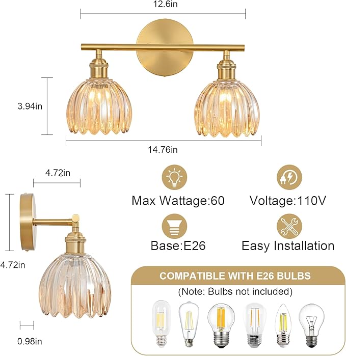 Gold Bathroom Light Fixtures Over Mirror, 2 Light Bathroom Vanity Light Fixture with Tulip Amber Glass Lampshade, Vintage Vanity Lights for Bathroom, Bathroom Vanity Lights Over Mirror
