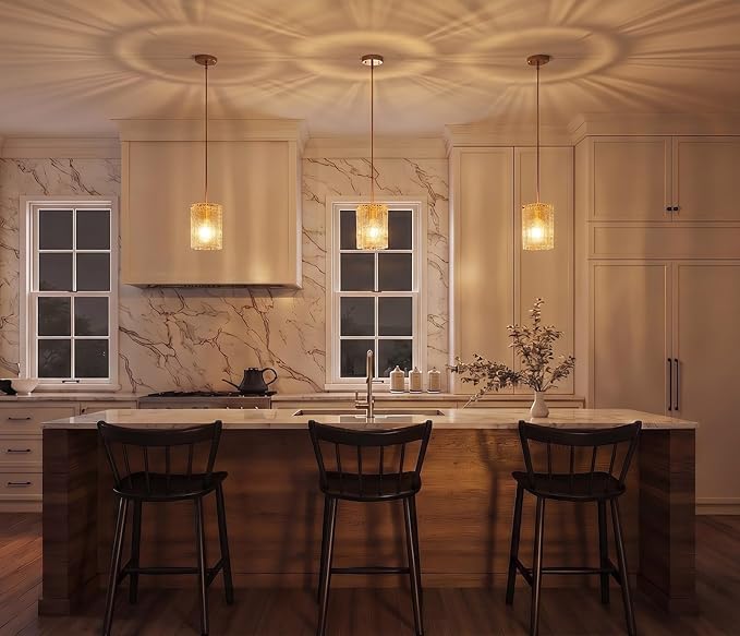 3 Pack Brushed Gold Pendant Light for Kitchen Island, Hand-Made Water Ripple Glass Chandelier, Luxury Modern Brass Adjustable Hanging Ceiling Light Fixture for Dining Room, E26 Base, 6" x 8"