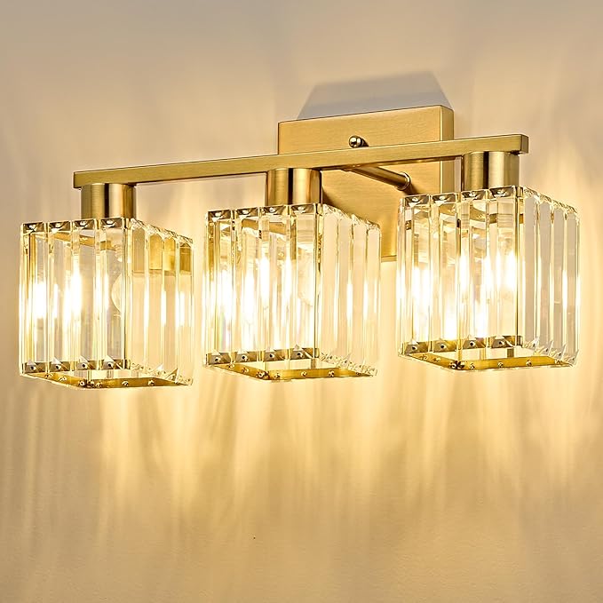 OKELI 3-Light Bathroom Light Fixtures, Modern Gold Crystal Wall Light for Bathroom,Lighting Fixtures Over Mirror
