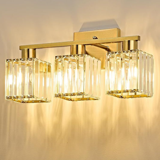 OKELI 3-Light Bathroom Light Fixtures, Modern Gold Crystal Wall Light for Bathroom,Lighting Fixtures Over Mirror