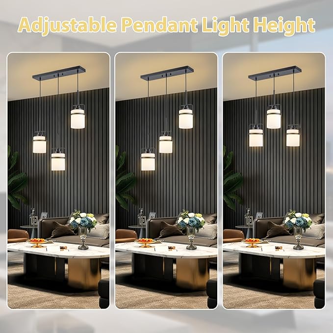 Black 3-Light Pendant Lighting, Adjustable Hanging Light Fixture with Milk Glass Shade, Modern Pendant Light for Kitchen Island Dining Room Bar Over Sink/Table/Counter