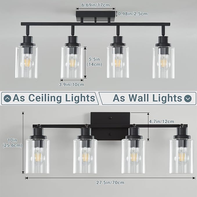 LOUSACE 4 Light Kitchen Track Light Fixtures Ceiling Vanity Lights Black, Bathroom Track Lighting Kit w/Rotatable Heads & Clear Glass Shade, Modern Wall Ceiling Tracking Light for Accent Shop Hallway