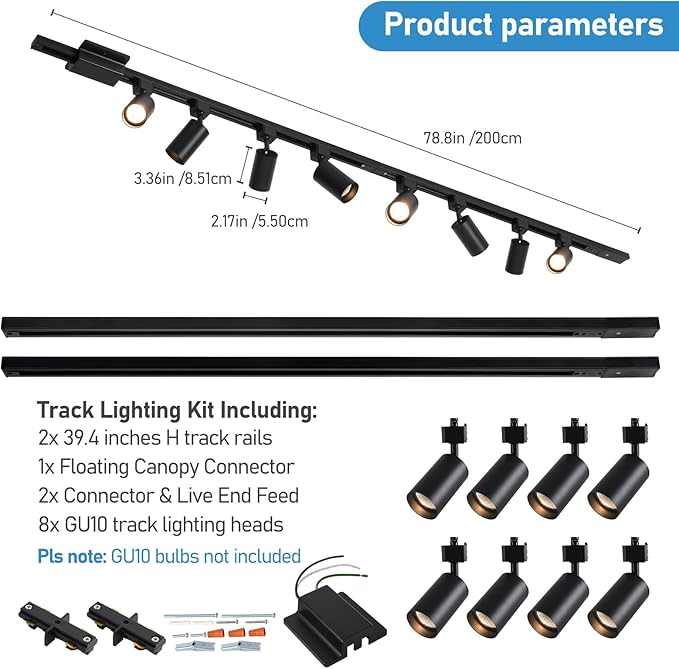 8-Light LED Track Lighting Kit with 6.6FT H Track Lighting Rails & Floating Canopy Connector, GU10 Track Light Kit, Modern Kitchen Track Lighting Fixtures Ceiling Spot Light, Black (No Bulbs)