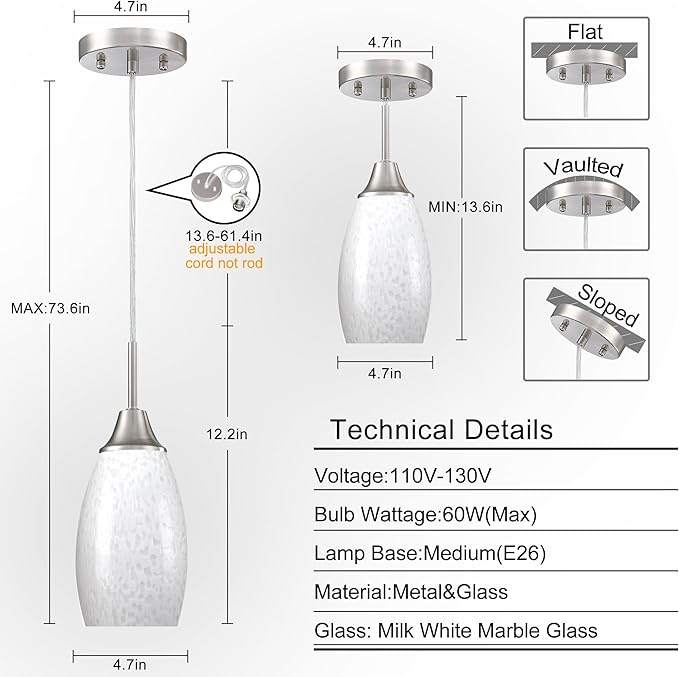 Viinew Mini Glass Pendant Light 4.72" with Handblown Milk White Marble Art Glass Hanging Light 1-Pack Oval Ceiling Hanging Light Fixture for Dining Room Kitchen Island Cafe Foyer Hallway