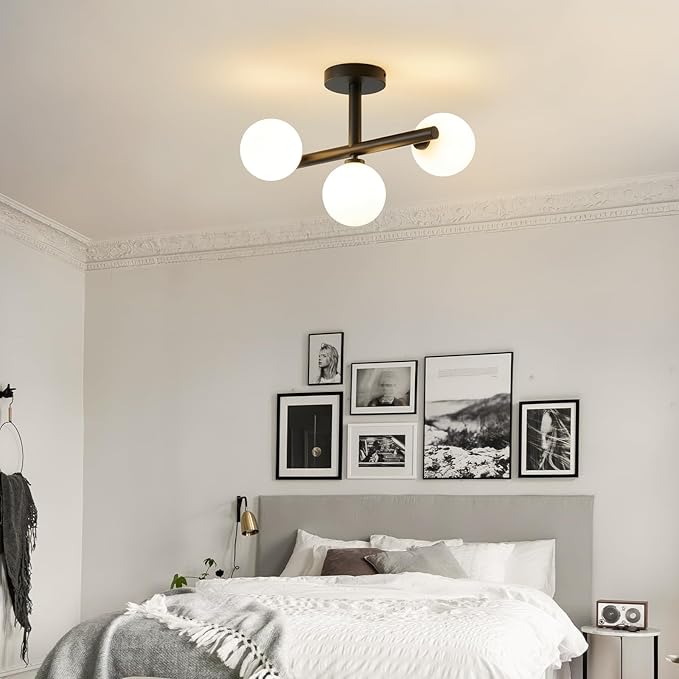 Globe Milk Glass Ceiling Light: Black 3 Lights Sputnik Chandelier - Linear Mid Century Modern Semi Flush Mount Ceiling Light - 13 Inch Brass Lighting Fixture with Sphere Shade for Bedroom Living Room