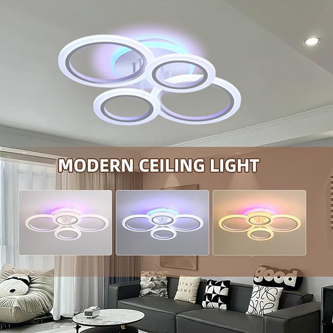 Modern Flush Mount Ceiling Light, Dimmable 4 Rings Kitchen Light Fixture for Living Room, Bedroom, Laundry Room, 3000-6000K, White