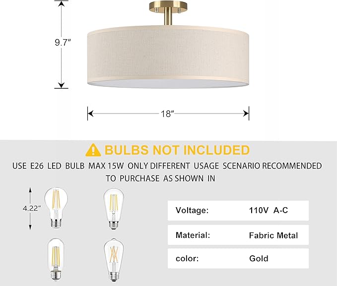 4 Light 18 Inch Semi Flush Mount Close to Ceiling Light Fixture,Off White Fabric Shade Gold Finish for Bedroom,Living Room,Dining Room Hallway