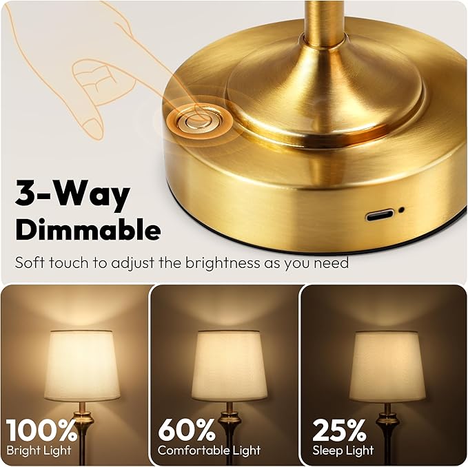 NIORSUN 10.2" Portables Cordless Table Lamp, Battery Operated Lamp,Small Bedside Table Lamp with Warm White,3 Way Dimmable Touch Desk Lamp for Living Room Restaurant Bedroom (Gold)