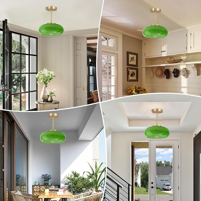 Green Glass Ceiling Light - Mid Century Modern Semi Flush Mount with Green Dome Glass Shade and Gold Brass Finish - Vintage Hallway Light Fixture Hallway Dining Room Kitchen Sink