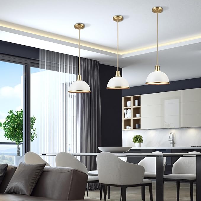 Globe Electric 60824 1-Light Pendant Light Fixture, Matte White, Brass Accents, Adjustable Hanging Height, Sloped or Vaulted Ceiling, Modern Lights for Kitchen Island, Hallway, or Dining Room