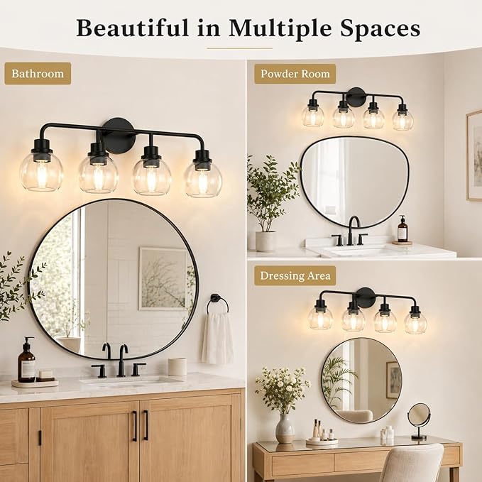 DORESshop Built to Last 20 Years Bathroom Light Fixtures, 4-Light Vanity Lights Over Mirror, Black Wall Lamp with Clear Glass for Living Room Decor Bedroom Porch Cabinet