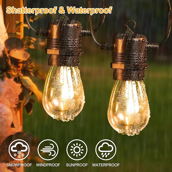 Outdoor String Lights Waterproof, 50ft Patio String Ligths for Outside with 17 (2 Spare) Replaceable E12 Bulbs Shatterproof, 2700K Warm White Great for Balcony, Gazebo, Yard, Porch