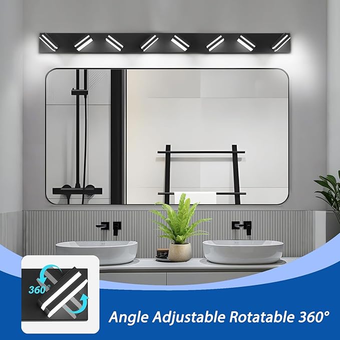 IZORRO LED Modern Bathroom Lights Fixtures(8-Light,Dimmable,360°Rotate),Matte Black Acrylic Wall Lighting,Vanity Lights for Bathroom Over Mirror - 6000k 48In （No Assembly Required）