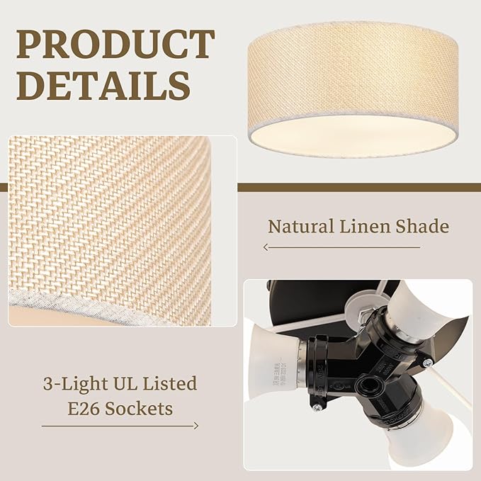 13Inch Farmhouse Semi Flush Mount Ceiling Light,Drum Shade 3-Light Rustic Ciling Fixture for Bedroom,Living Room,Hallway,Entryway,Kitchen,Creating Soft Ambient Home Lighting