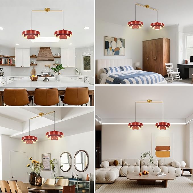 Industrial Red Pendant Light, 2-Light Vintage Chandelier, Mid Century Modern Ceiling Light Adjustable Hanging Lights for Kitchen Island, Bar, Dining Room