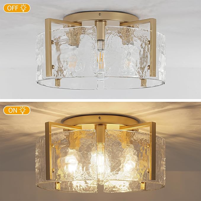 18.5'' Modern Gold Semi Flush Mount Ceiling Light, 4-Light Glass Drum Light Fixtures, Ceiling Lights for Hallway Foyer Entryway Bedroom Kitchen Island Dining Room Living Room Bathroom Lighting Fixture