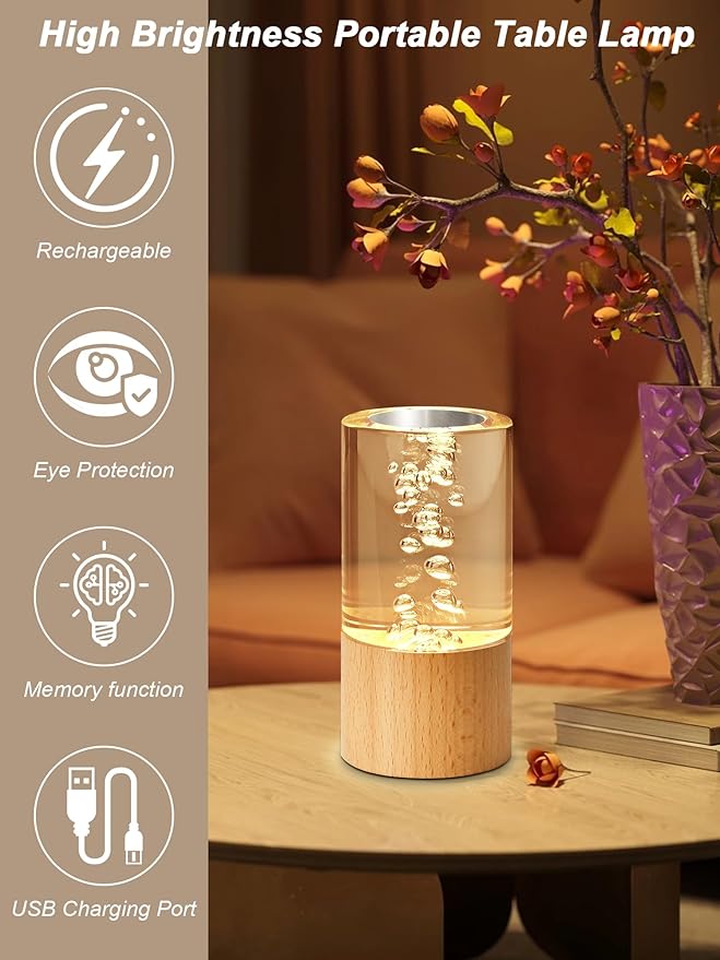 WLHONG Small Wood Table Lamp with USB - 3000K Dimmable LED Rechargeable Bedside Desk Light with Wooden Base, Portable Nightstand Bubble Lamps for Bedroom,Dorm,Living Room,Office Creative Lighting