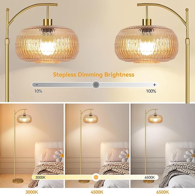 QIYIZM Glass Floor Lamp for Living Room,Bedroom,Gold Dimmable Standing Lamp with Remote,Mid Century Modern Brass Tall Lamp Retro Vintage Lamp Floor Light Boho Bohemian