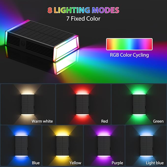 Solar Wall Light Outdoor , RGB & Warm White 8 Modes Dusk to Dawn Lighting Wall Sconce IP67 Waterproof Up and Down Solar Lights Outdoor Front Door Light for House, Garage, Porch, Doorway,Fence (1PACK)