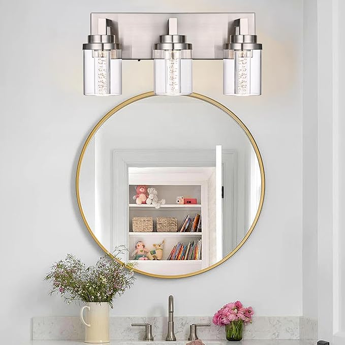MELUCEE Modern LED Bathroom Vanity Light Bar Brushed Nickel Bubble Crystal Vanity Lights Over Mirror 3 Light Bath Wall Light Fixture with Clear Glass Shade, Built-in LED Chips, 5CCT Adjustable