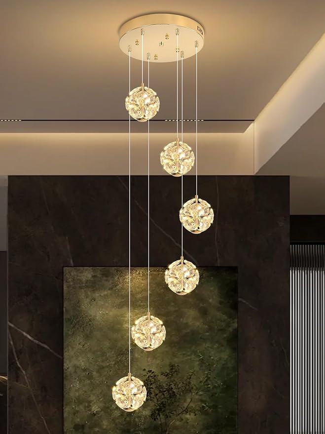 ykolupty LED Staircase Chandelier Modern Crystal Globe Pendant Light Crystal Chandeliers for High Ceilings,Gold Hanging Lighting Fixture for Villas Foyer Hallway Entryway (6-Lights)