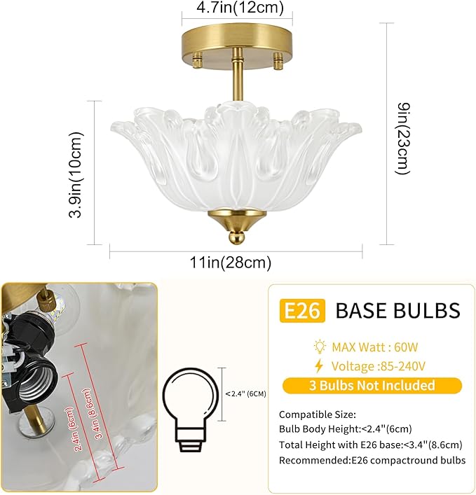 Semi Flush Mount Ceiling Light, Gold Vintage Light fixtures with Floral White Glass Shade, Modern Close-to-Ceiling Lighting for Bedroom Kitchen Living Room Hallway