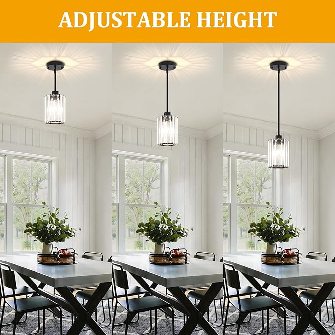 3-Pack Black Pendant Lights Kitchen Island Modern Crystal Hanging Pendant Light Hexagonal Mini Chandelier Adjustable Hanging Kitchen Lights for Dining Room Hallway Bedroom Entryway Light Fixtures