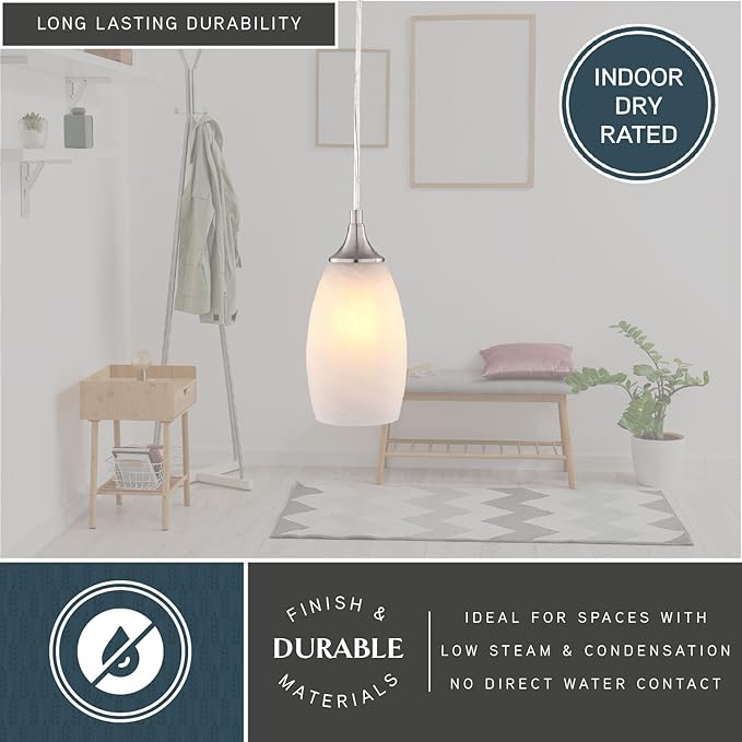 VAXCEL Milano 1-Light 4.75 in. Wide Satin Nickel Bell Mini Pendant with White Alabaster Glass Shade, Adjustable Height Hanging Ceiling Fixture for Dining Room, Kitchen Table, Entryway, Bar, Island
