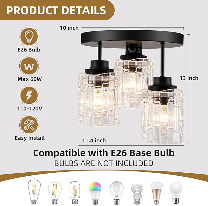 3-Lights Semi Flush Mount Ceiling Light Fixture,Matte Black Kitchen Ceiling Light with Glass Shades,Hallway Light Fixtures Ceiling Mount for Foyer Entryway Bathroom