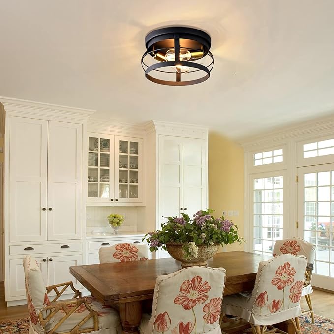 2-Light Farmhouse Flush Mount Ceiling Light,Modern Black Vintage Rustic Industrial Light Fixtures for Kitchen Dining Room Bedroom Hallway Foyer Entryway.