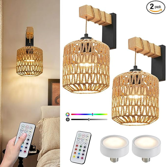 Boho Battery Operated Wall Sconce Set of Two, Rattan Rechargeable Wall Sconces with Remote,Wireless Sconces Set of 2 for Bedroom,Living Room,Entryway 15 Colors Dimmable-Black