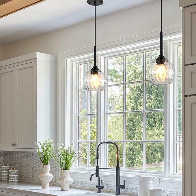 JHLBYL Glass Pendant Lights Kitchen Island: 5.91'' 1-Light Hammered Glass Pendant Light with Black Finish - Modern Minimalist Hanging Light Fixture for Kitchen Sink Dining Room - E26 Base
