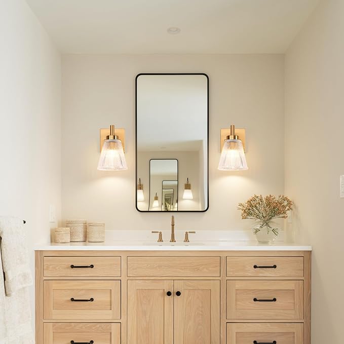 OCIOC Gold Hardwired Wall Sconces Set of Two, Modern Glass Wall Lights for Bathroom, Wall Mounted Light for Bedroom, Living Room, Hallway, Cabinet Porch