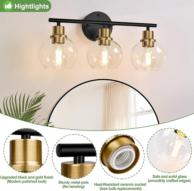 Indoi 3-Light Bathroom Light Fixtures, Black and Gold Bathroom Lights Over Mirror with Clear Glass Globe Shade, Vanity Lights for Bathroom Kitchen Living Room Hallway Cabinet Bedroom Porch