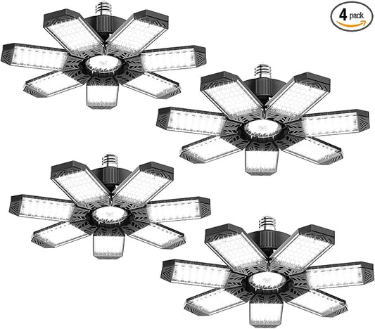 LED Garage Light 200W, 4 Pack 20000LM Super Bright Garage Lights Ceiling Led with 7 Adjustable Panels 6500K Led Shop Lighting Screw in E26/E27 Bulb Socket for Basement Barn Workshop