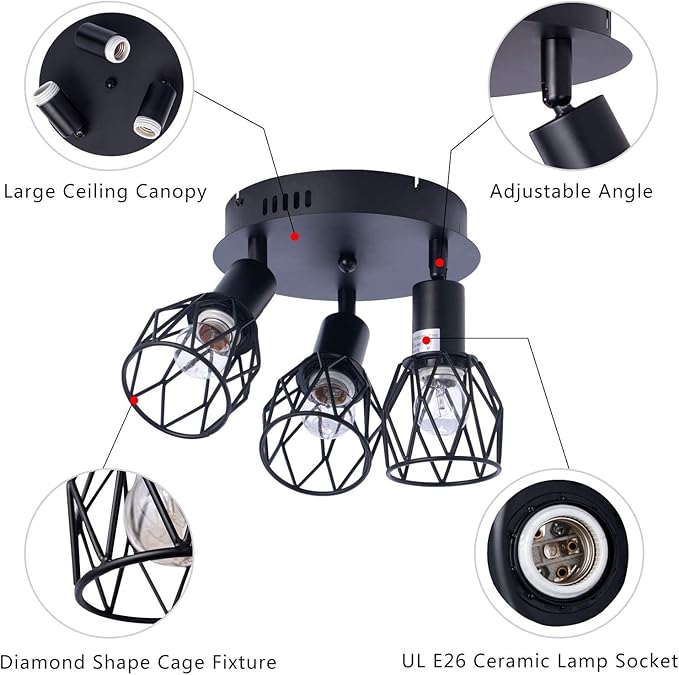 Industrial Semi Flush Mount Ceiling Light, 3-Light Multi-Directional Ceiling Light Fixtures, Vintage Black Metal Wire Cage Farmhouse Pendant Lighting for Kitchen Dining Room Hallway Foyer Bedroom E26